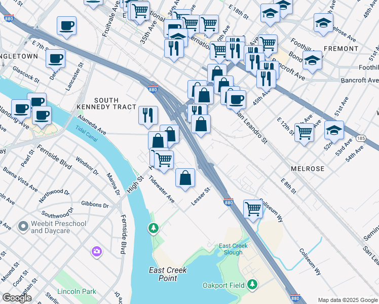 map of restaurants, bars, coffee shops, grocery stores, and more near 4417 Oakport St in Oakland