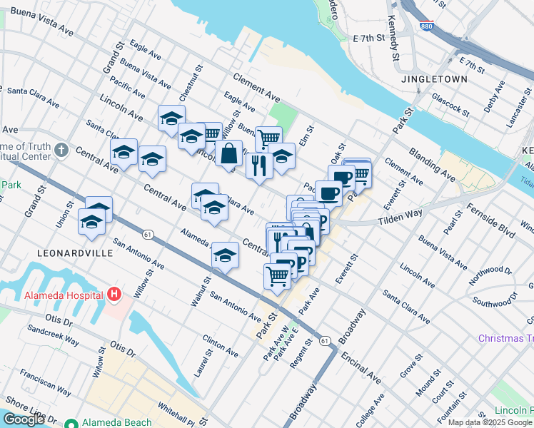 map of restaurants, bars, coffee shops, grocery stores, and more near 2229 Santa Clara Avenue in Alameda