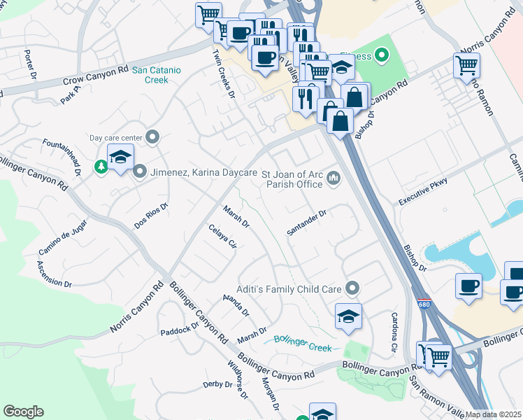 map of restaurants, bars, coffee shops, grocery stores, and more near 2644 Durango Lane in San Ramon