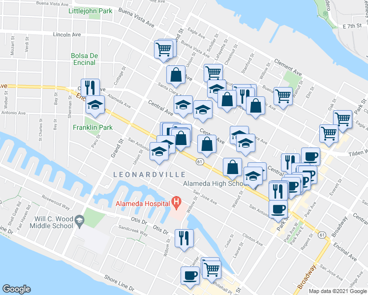 map of restaurants, bars, coffee shops, grocery stores, and more near 2016 Alameda Avenue in Alameda