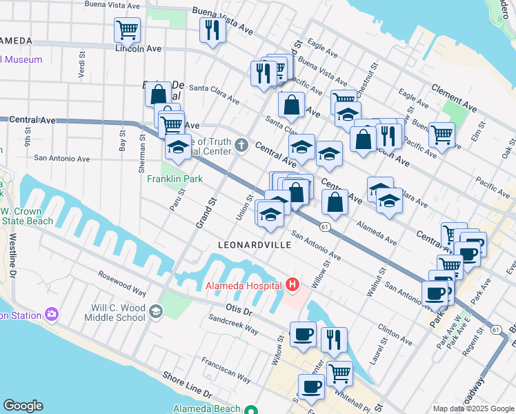map of restaurants, bars, coffee shops, grocery stores, and more near 1821 San Antonio Avenue in Alameda