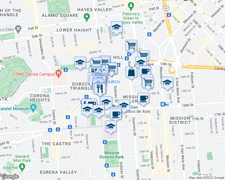 map of restaurants, bars, coffee shops, grocery stores, and more near 154 Dolores Street in San Francisco