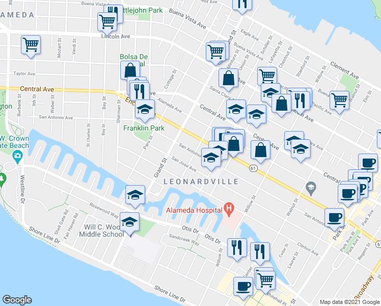 map of restaurants, bars, coffee shops, grocery stores, and more near 1734 San Antonio Avenue in Alameda