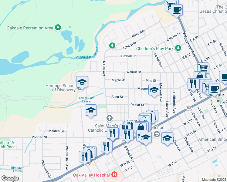 map of restaurants, bars, coffee shops, grocery stores, and more near 1237 Magnolia Street in Oakdale