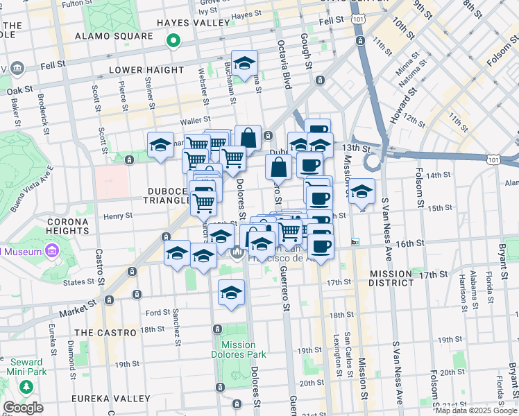 map of restaurants, bars, coffee shops, grocery stores, and more near 66 Ramona Avenue in San Francisco