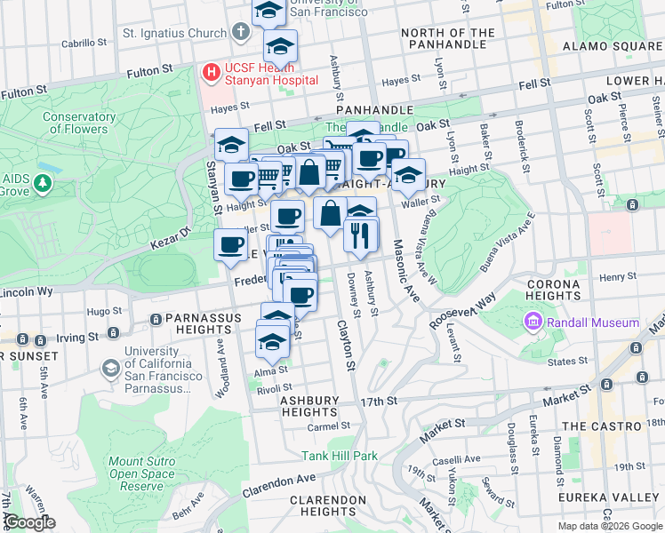 map of restaurants, bars, coffee shops, grocery stores, and more near Clayton Street & Frederick Street in San Francisco