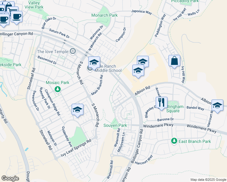 map of restaurants, bars, coffee shops, grocery stores, and more near 711 Joree Lane in San Ramon