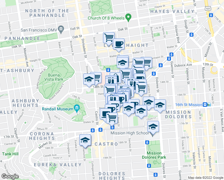 map of restaurants, bars, coffee shops, grocery stores, and more near 129 Noe Street in San Francisco