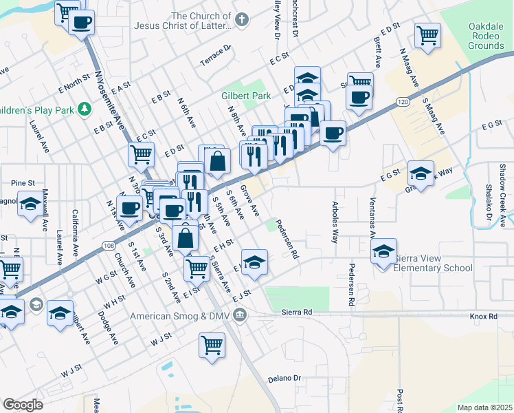 map of restaurants, bars, coffee shops, grocery stores, and more near 217 Grove Avenue in Oakdale