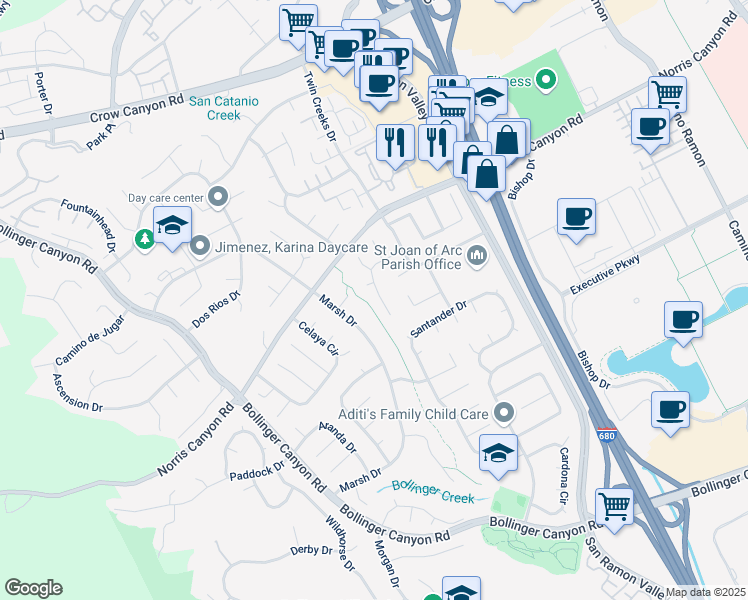 map of restaurants, bars, coffee shops, grocery stores, and more near 2644 Durango Lane in San Ramon