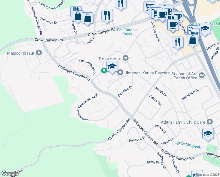 map of restaurants, bars, coffee shops, grocery stores, and more near 2792 Marsh Drive in San Ramon