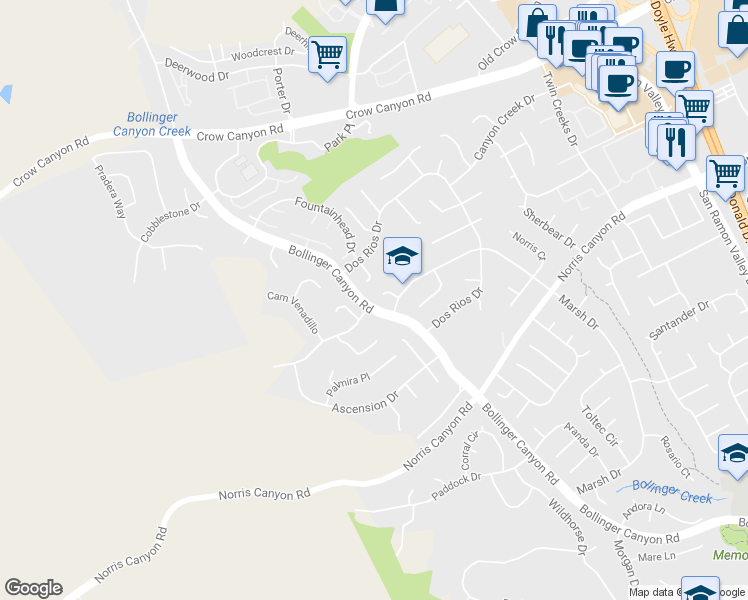 map of restaurants, bars, coffee shops, grocery stores, and more near 334 La Paz Court in San Ramon