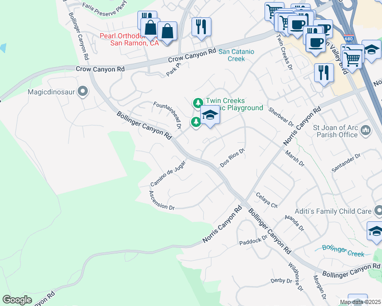 map of restaurants, bars, coffee shops, grocery stores, and more near 334 La Paz Court in San Ramon