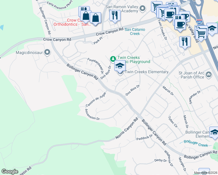 map of restaurants, bars, coffee shops, grocery stores, and more near 334 La Paz Court in San Ramon