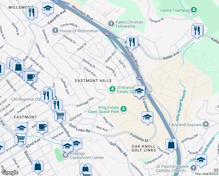 map of restaurants, bars, coffee shops, grocery stores, and more near in Oakland
