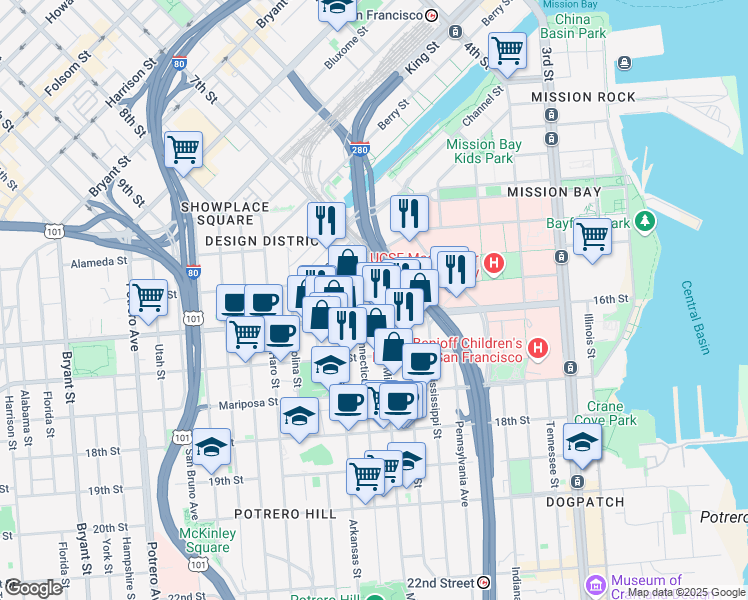map of restaurants, bars, coffee shops, grocery stores, and more near 1050 16th Street in San Francisco