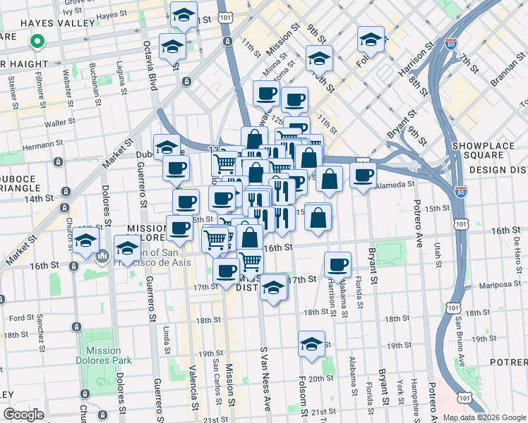 map of restaurants, bars, coffee shops, grocery stores, and more near 99 Shotwell Street in San Francisco