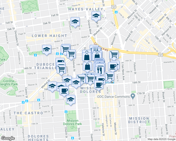 map of restaurants, bars, coffee shops, grocery stores, and more near 269 Guerrero Street in San Francisco