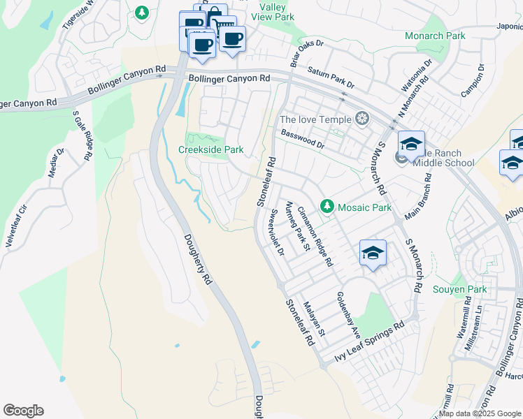 map of restaurants, bars, coffee shops, grocery stores, and more near 7794 Privet Place in San Ramon
