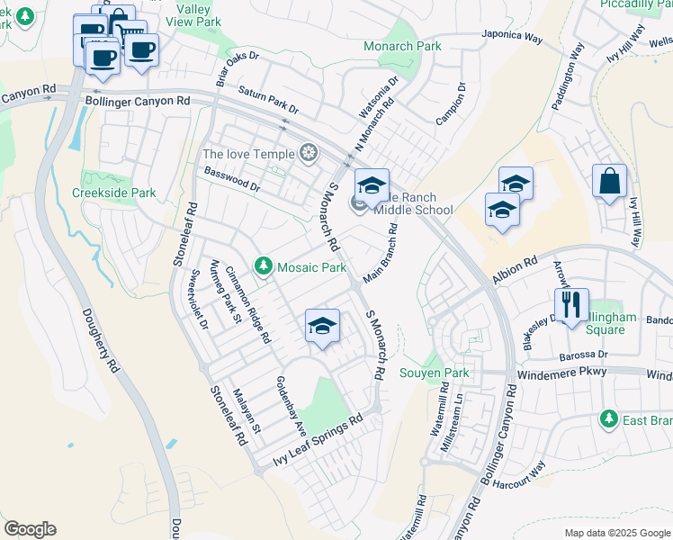 map of restaurants, bars, coffee shops, grocery stores, and more near 2075 Lemonwood Court in San Ramon