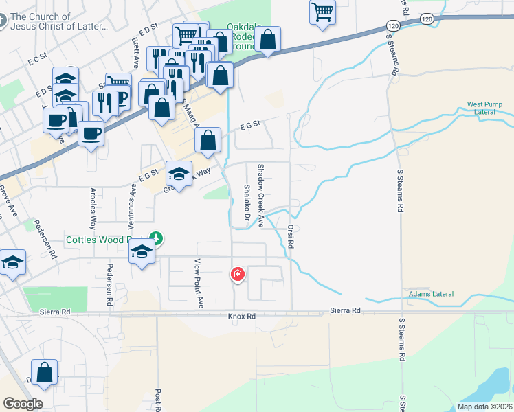 map of restaurants, bars, coffee shops, grocery stores, and more near 418 Shadow Creek Avenue in Oakdale