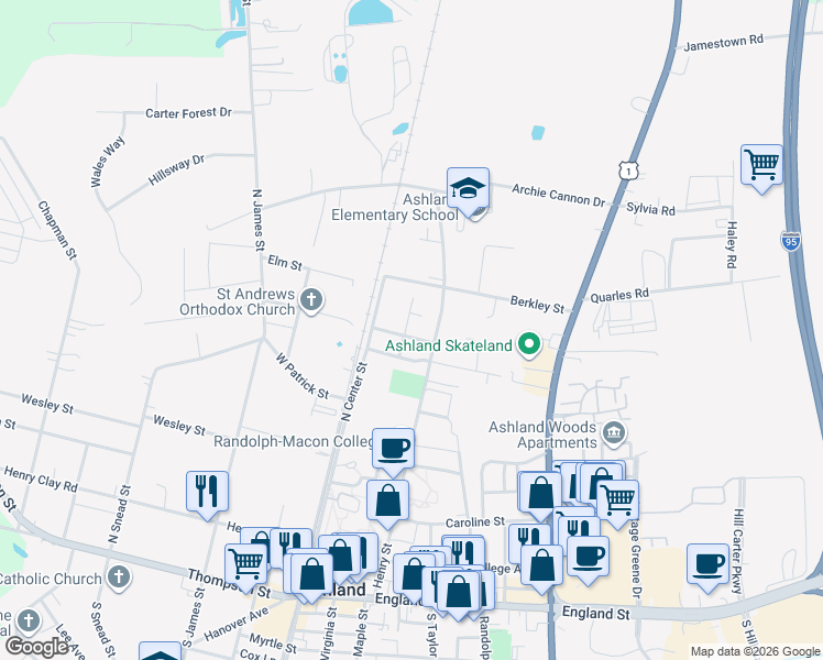 map of restaurants, bars, coffee shops, grocery stores, and more near 601 B Street in Ashland