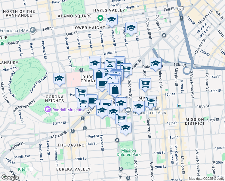 map of restaurants, bars, coffee shops, grocery stores, and more near 212 Church Street in San Francisco