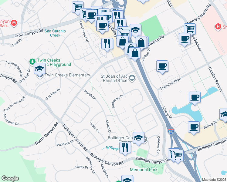 map of restaurants, bars, coffee shops, grocery stores, and more near 218 Westvale Court in San Ramon