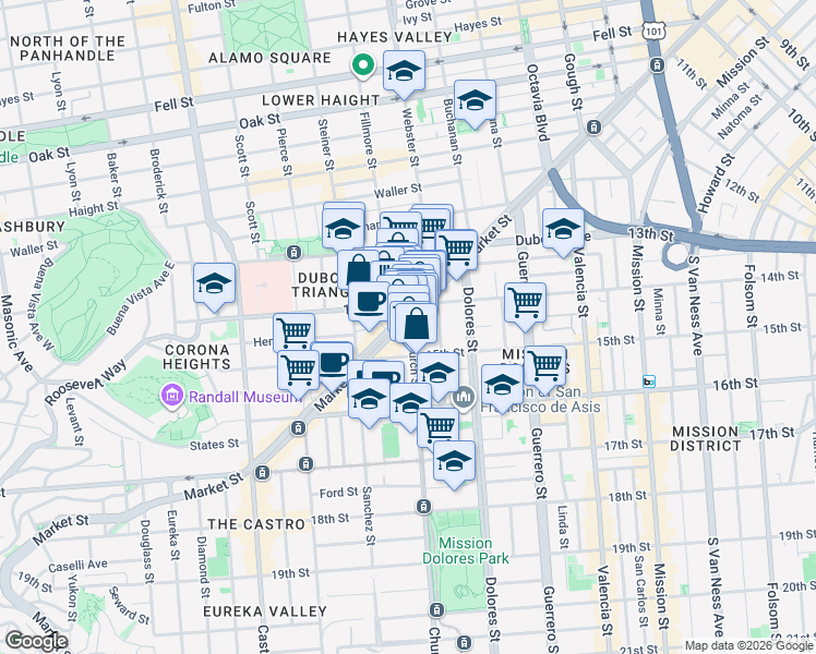 map of restaurants, bars, coffee shops, grocery stores, and more near 210 Church Street in San Francisco