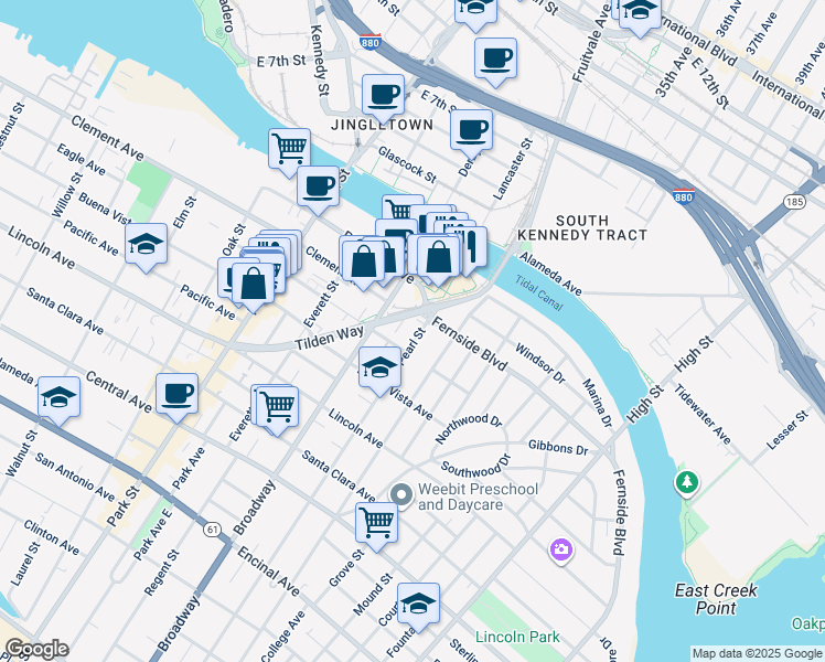 map of restaurants, bars, coffee shops, grocery stores, and more near 1815 Pearl Street in Alameda
