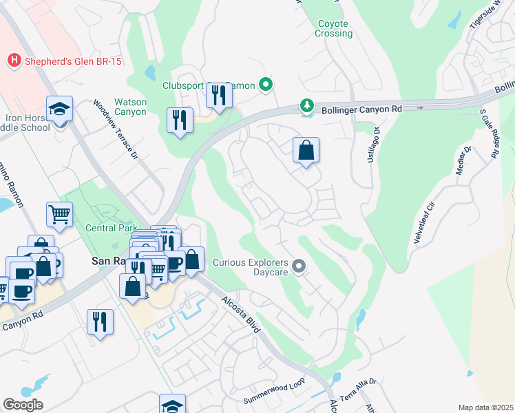 map of restaurants, bars, coffee shops, grocery stores, and more near 412 Pine Ridge Drive in San Ramon