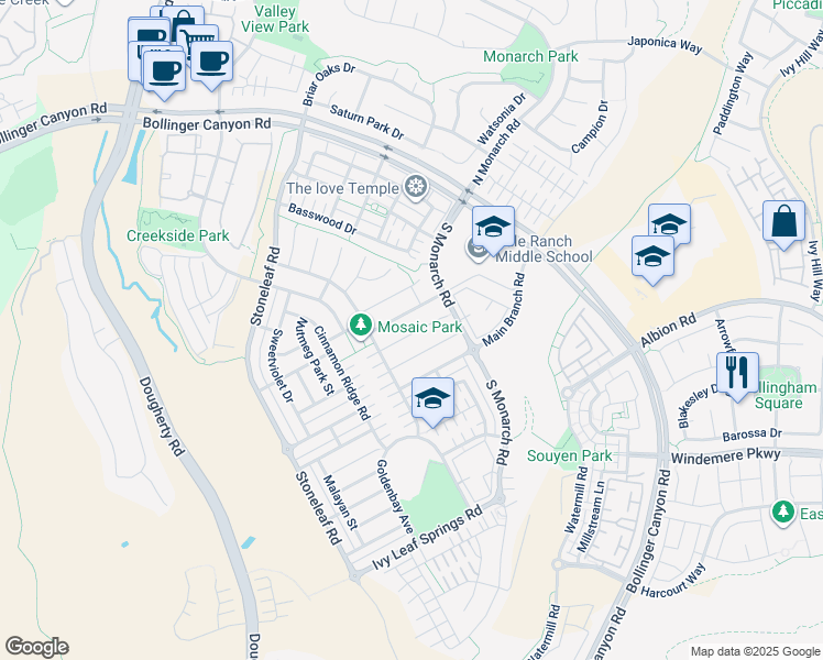map of restaurants, bars, coffee shops, grocery stores, and more near 2137 Chamomile Court in San Ramon