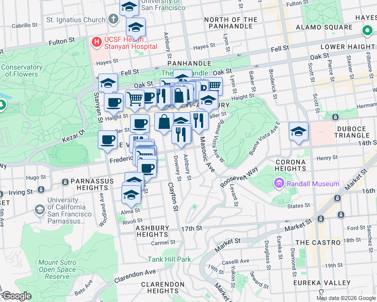 map of restaurants, bars, coffee shops, grocery stores, and more near 191 Frederick Street in San Francisco