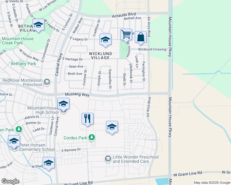 map of restaurants, bars, coffee shops, grocery stores, and more near 366 Ashlee Court in Mountain House
