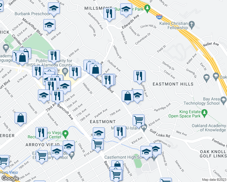 map of restaurants, bars, coffee shops, grocery stores, and more near 7706 MacArthur Boulevard in Oakland