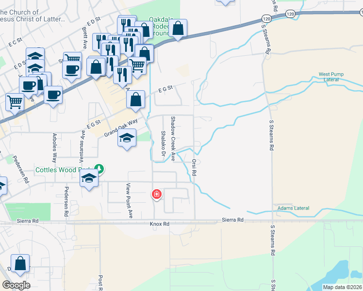 map of restaurants, bars, coffee shops, grocery stores, and more near 1750 Adams Creek Way in Oakdale