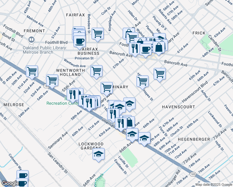 map of restaurants, bars, coffee shops, grocery stores, and more near 5918 Bromley Avenue in Oakland