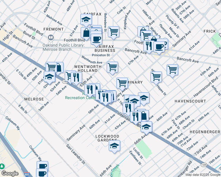 map of restaurants, bars, coffee shops, grocery stores, and more near 5726 East 16th Street in Oakland