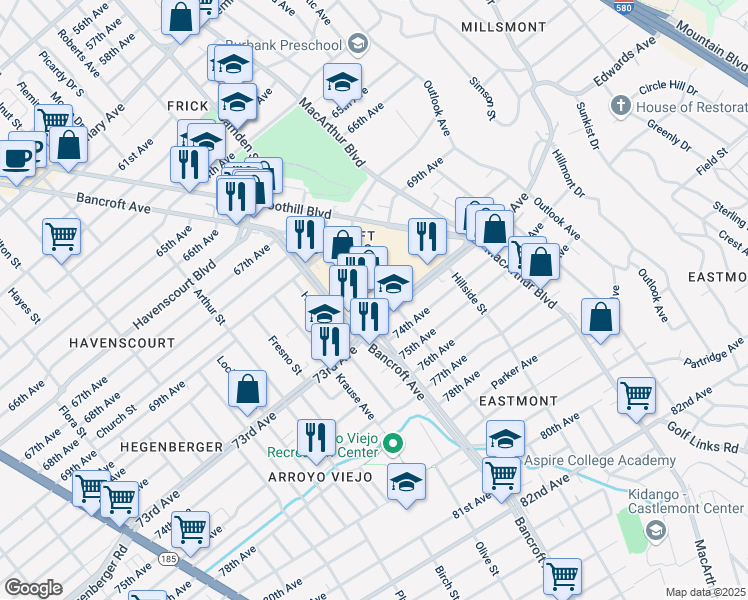 map of restaurants, bars, coffee shops, grocery stores, and more near 7200 Bancroft Avenue in Oakland