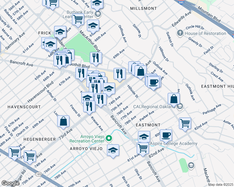 map of restaurants, bars, coffee shops, grocery stores, and more near 2622 73rd Avenue in Oakland