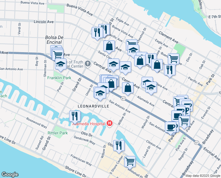 map of restaurants, bars, coffee shops, grocery stores, and more near 1910a Encinal Avenue in Alameda