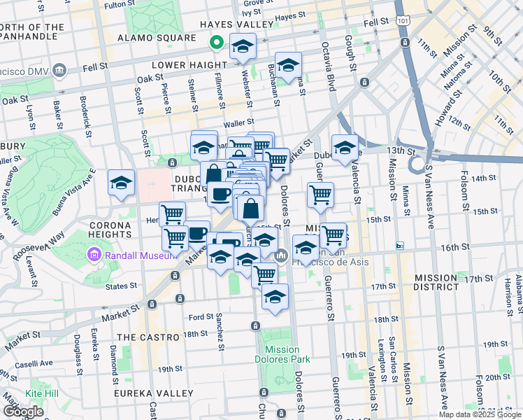 map of restaurants, bars, coffee shops, grocery stores, and more near 233 Church Street in San Francisco
