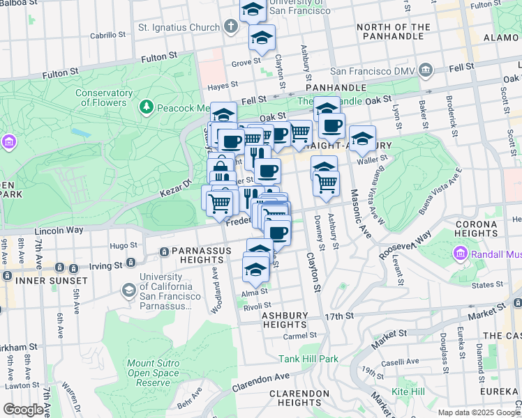 map of restaurants, bars, coffee shops, grocery stores, and more near 850 Shrader Street in San Francisco