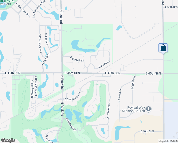 map of restaurants, bars, coffee shops, grocery stores, and more near 8022-8698 E 45th St N in Wichita