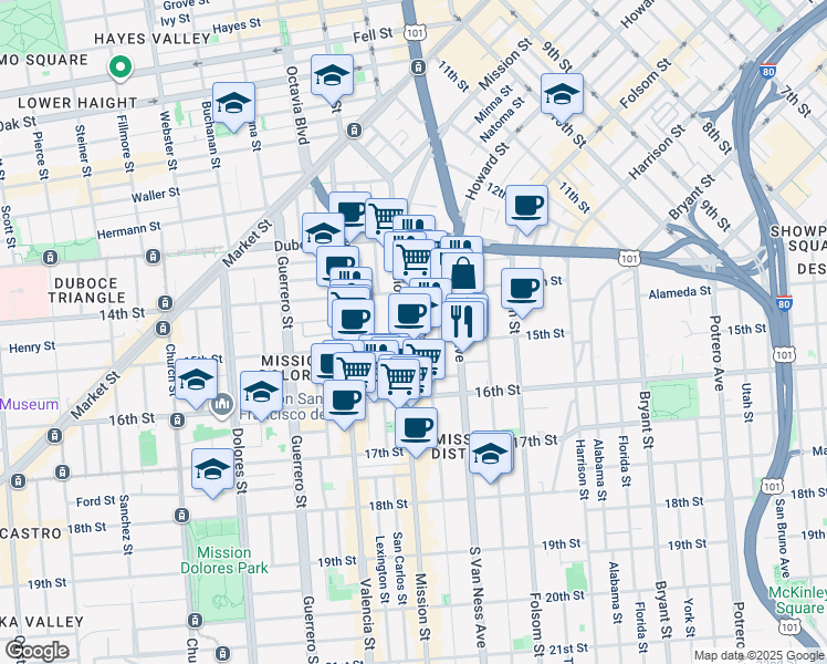 map of restaurants, bars, coffee shops, grocery stores, and more near in San Francisco