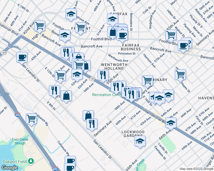 map of restaurants, bars, coffee shops, grocery stores, and more near 5500 California 185 in Oakland
