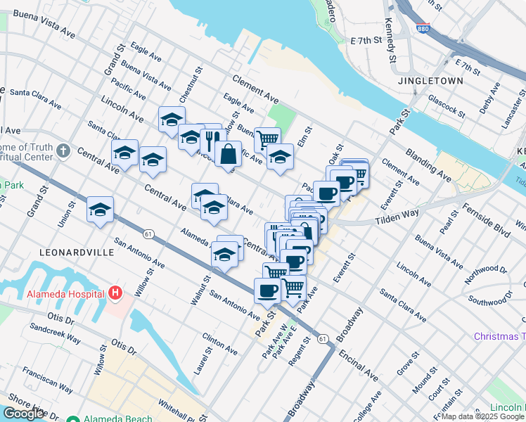 map of restaurants, bars, coffee shops, grocery stores, and more near 2229 Santa Clara Avenue in Alameda