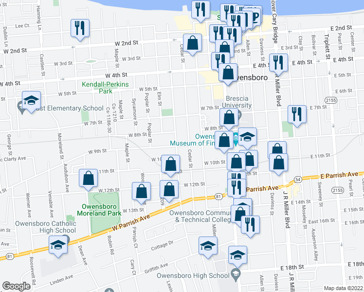 map of restaurants, bars, coffee shops, grocery stores, and more near 616 Cs-1022 in Owensboro