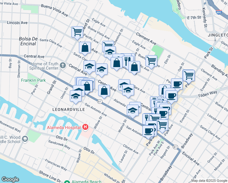 map of restaurants, bars, coffee shops, grocery stores, and more near 2068 Central Avenue in Alameda