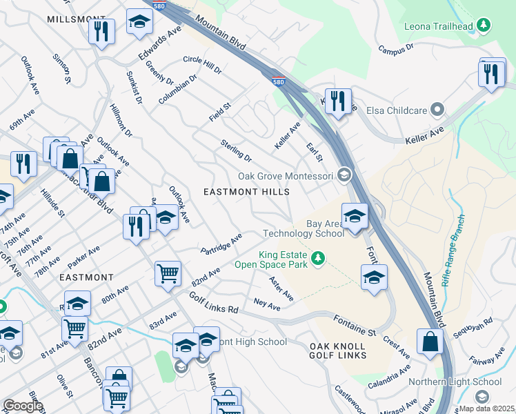 map of restaurants, bars, coffee shops, grocery stores, and more near 7988 Sunkist Drive in Oakland